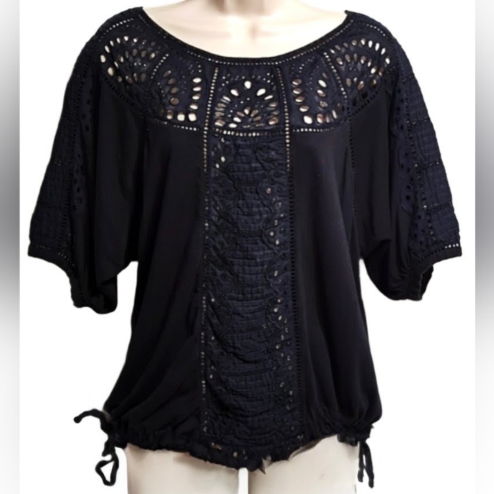 Anthropologie Vanessa Virginia Black Eyelet Lace Cinch Waist Top M
